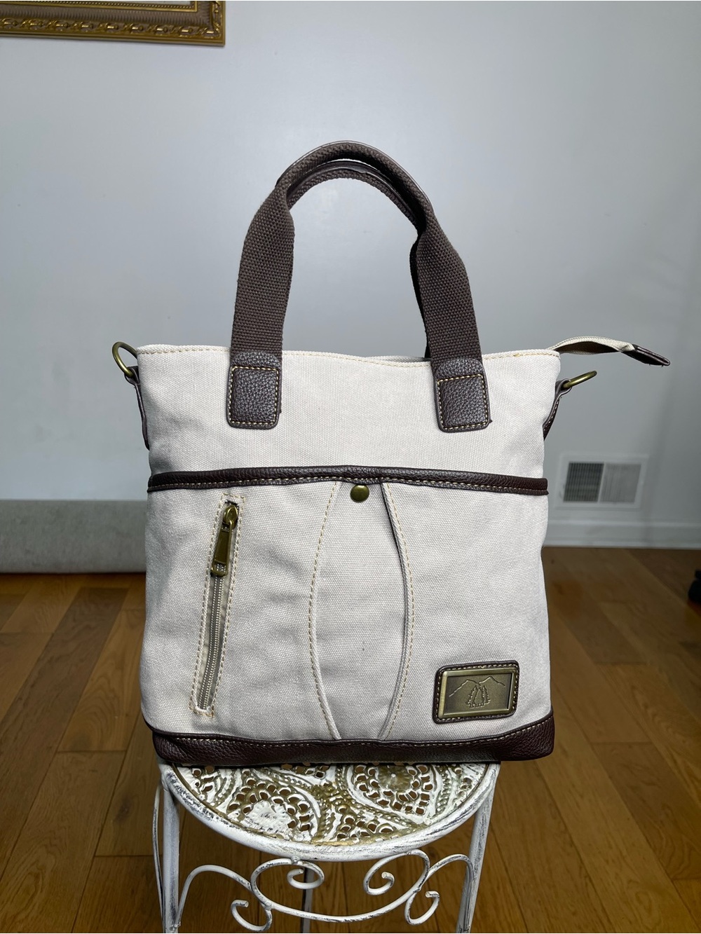 Cream Canvas Messenger Tote with Brown Trim